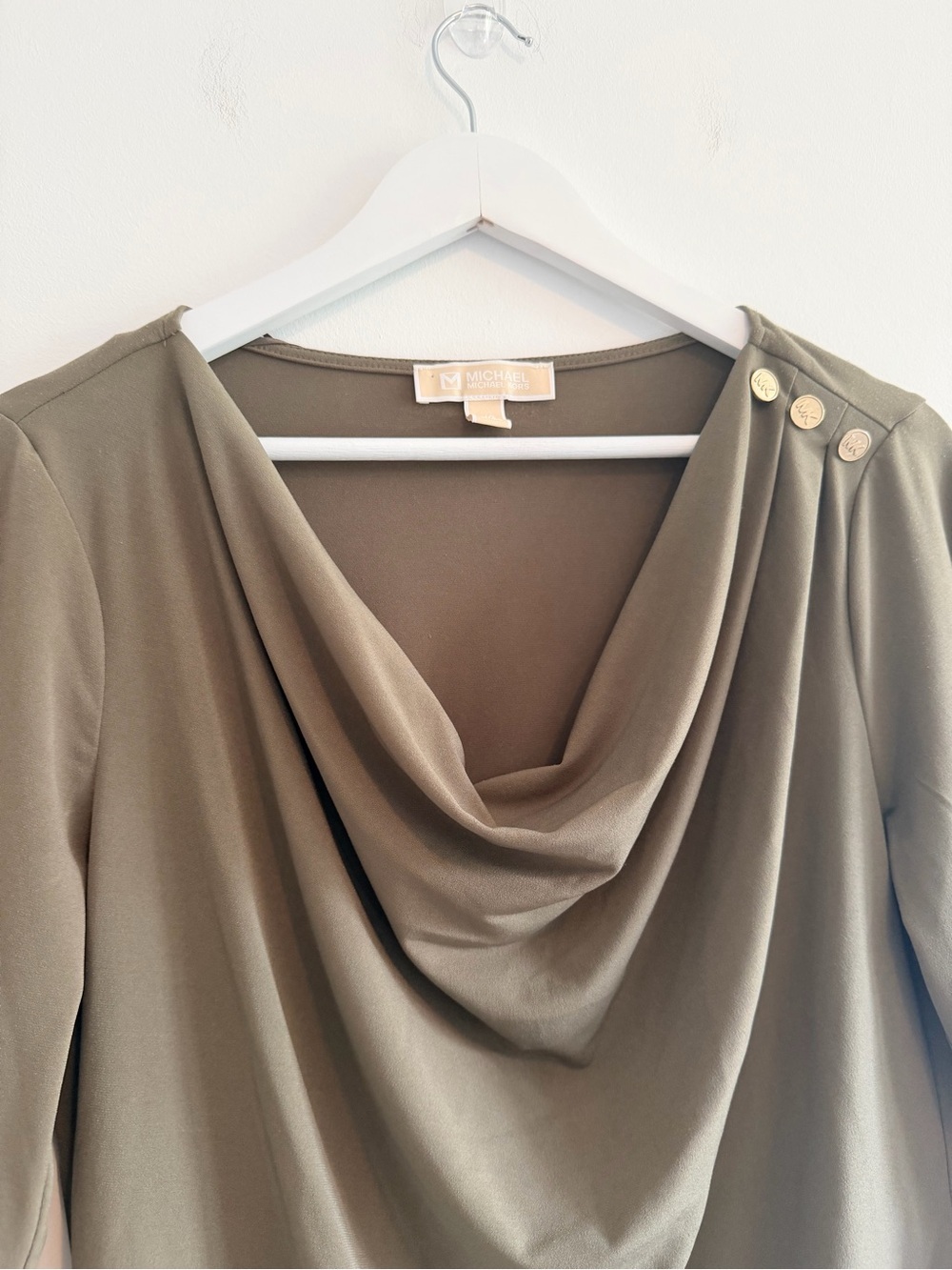 Michael Kors Draped Neck Long Sleeve Top in Olive Green - Picture 3 of 7